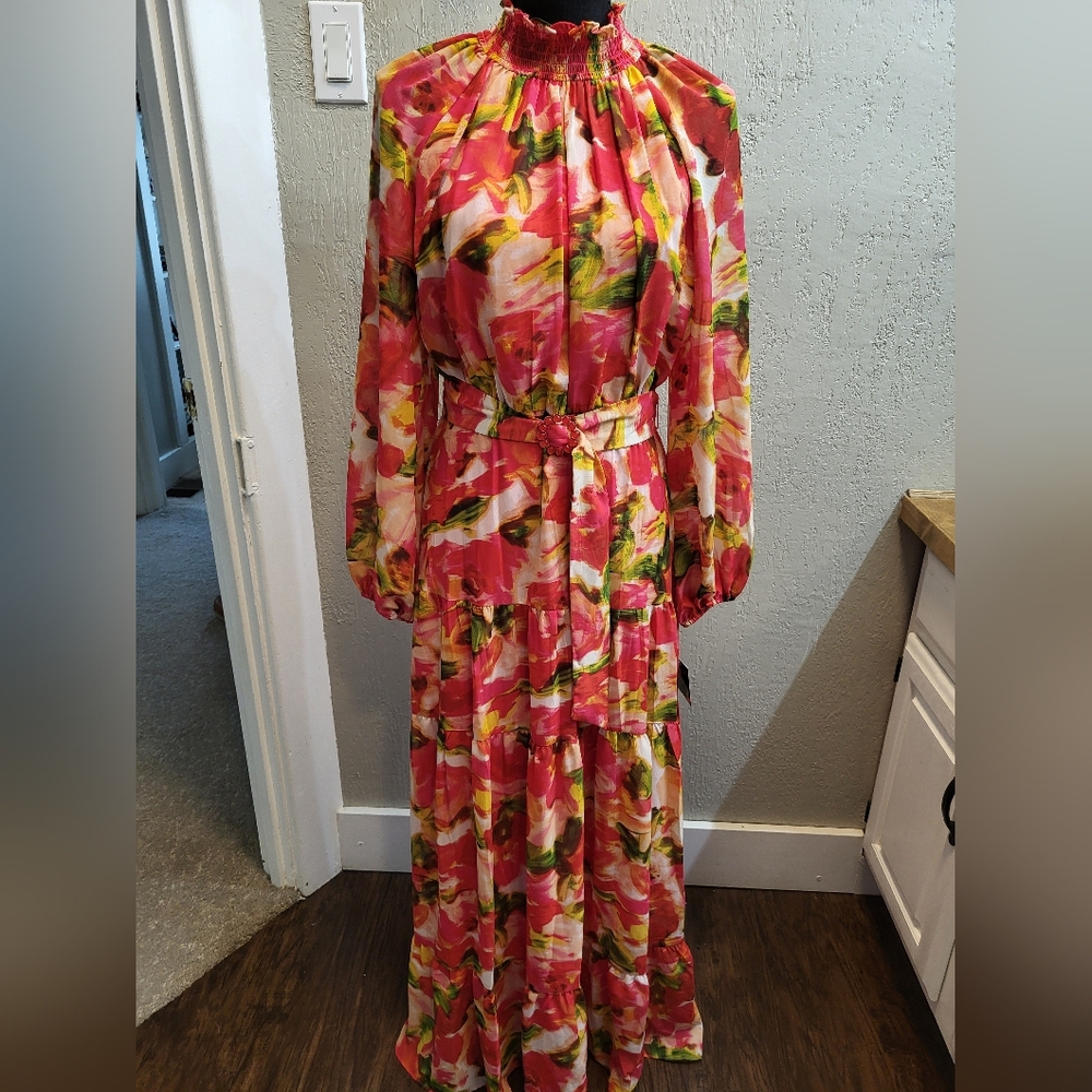 New Taylor Floral Chiffon Smocked Neck Sheer Ling Sleeve Belted Maxi Dress - Picture 8 of 15